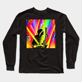 A Guitarist On Stage With Bright Colorful Lights and Musical Notes Long Sleeve T-Shirt